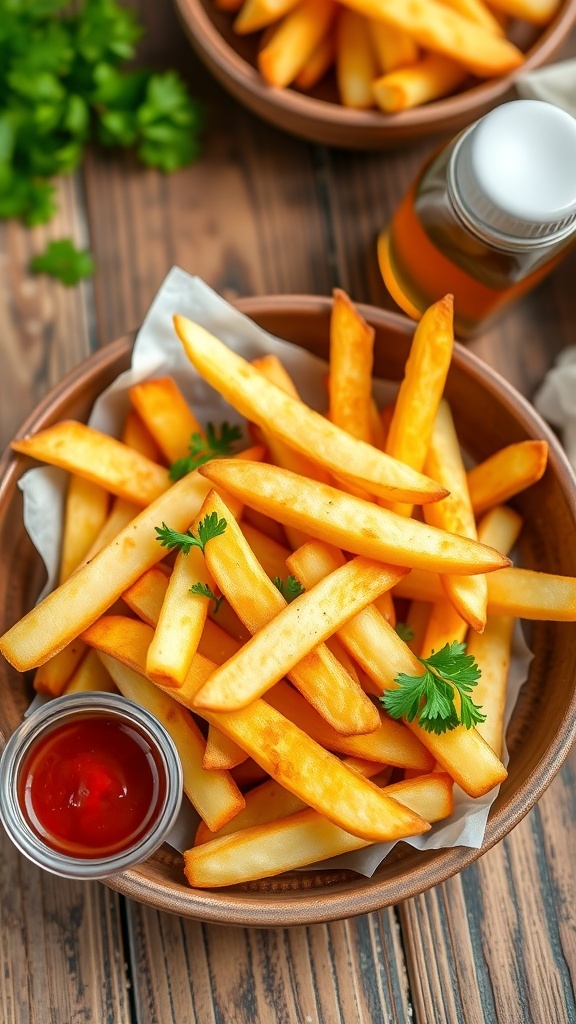 Crispy Air Fryer French Fries Recipe Crispy air fryer French fries served with ketchup and garnished with parsley on a wooden table.